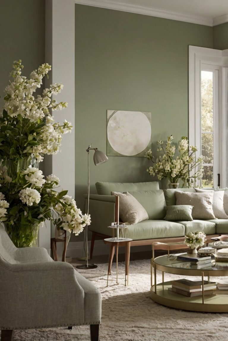 Sage green paint, Elegant home decor, Interior design tips, Stylish living room decor, Modern kitchen design, Wall paint ideas, Color palette selection