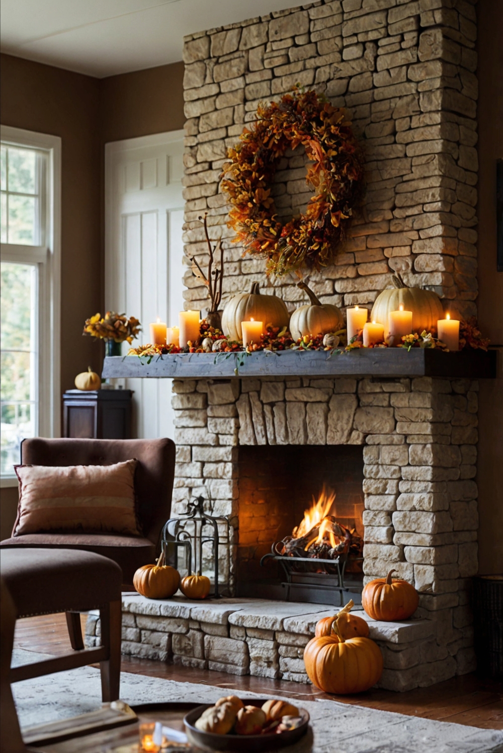 Fall fireplace decor, Cozy fireplace ideas, Autumn mantel decorations, Warm hearth designs, Rustic firewood display