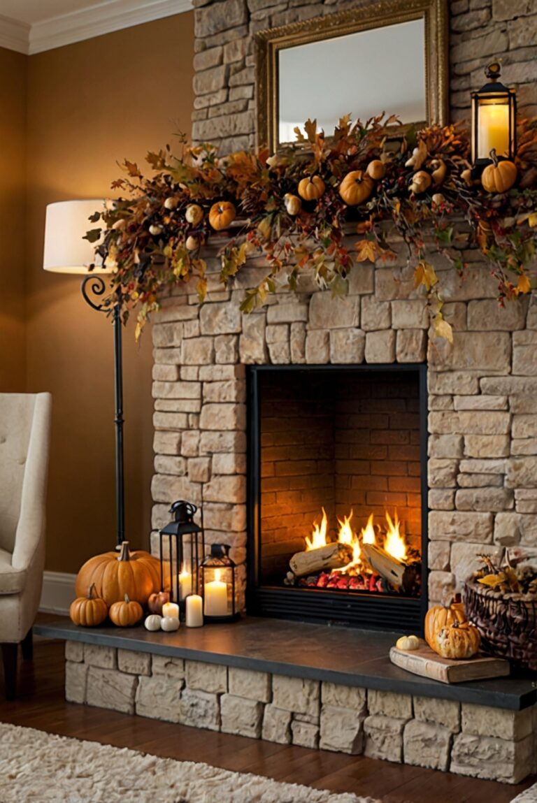 Fall fireplace decor, Mantle decorations, Cozy home decor, Mantel design ideas, Autumn fireplace styling