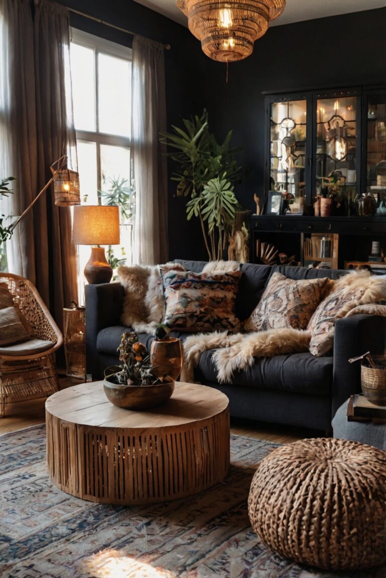 dark boho decor, bohemian living room, home interior design, eclectic furniture, beautiful tapestries