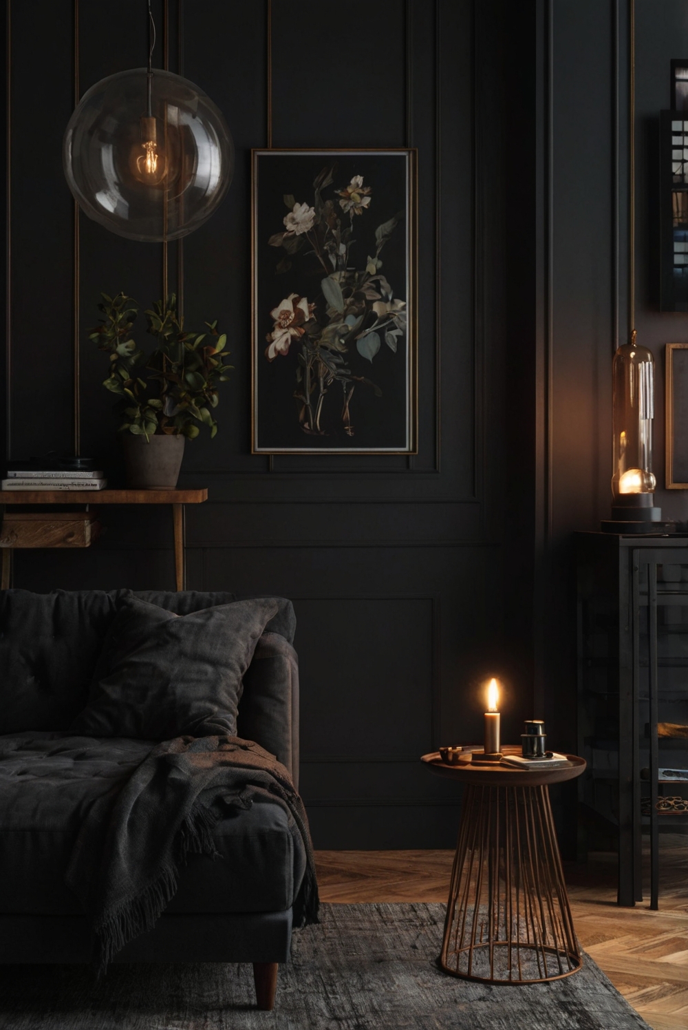 Dark home decor, Gothic interior design, Moody home accessories, Black theme decorating, Elegant home furnishings