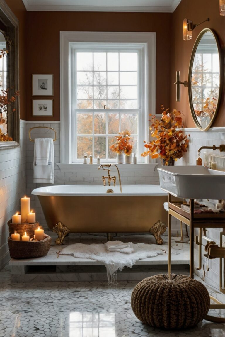 luxury bathroom decor, elegant bathroom accessories, autumn bathroom design, opulent bathroom styling, lavish bathroom decorations