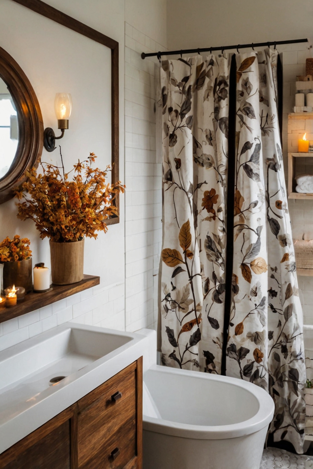 Fall bathroom decor, Bathroom makeover, Autumn home decor, Seasonal bathroom refresh, Cozy bathroom design