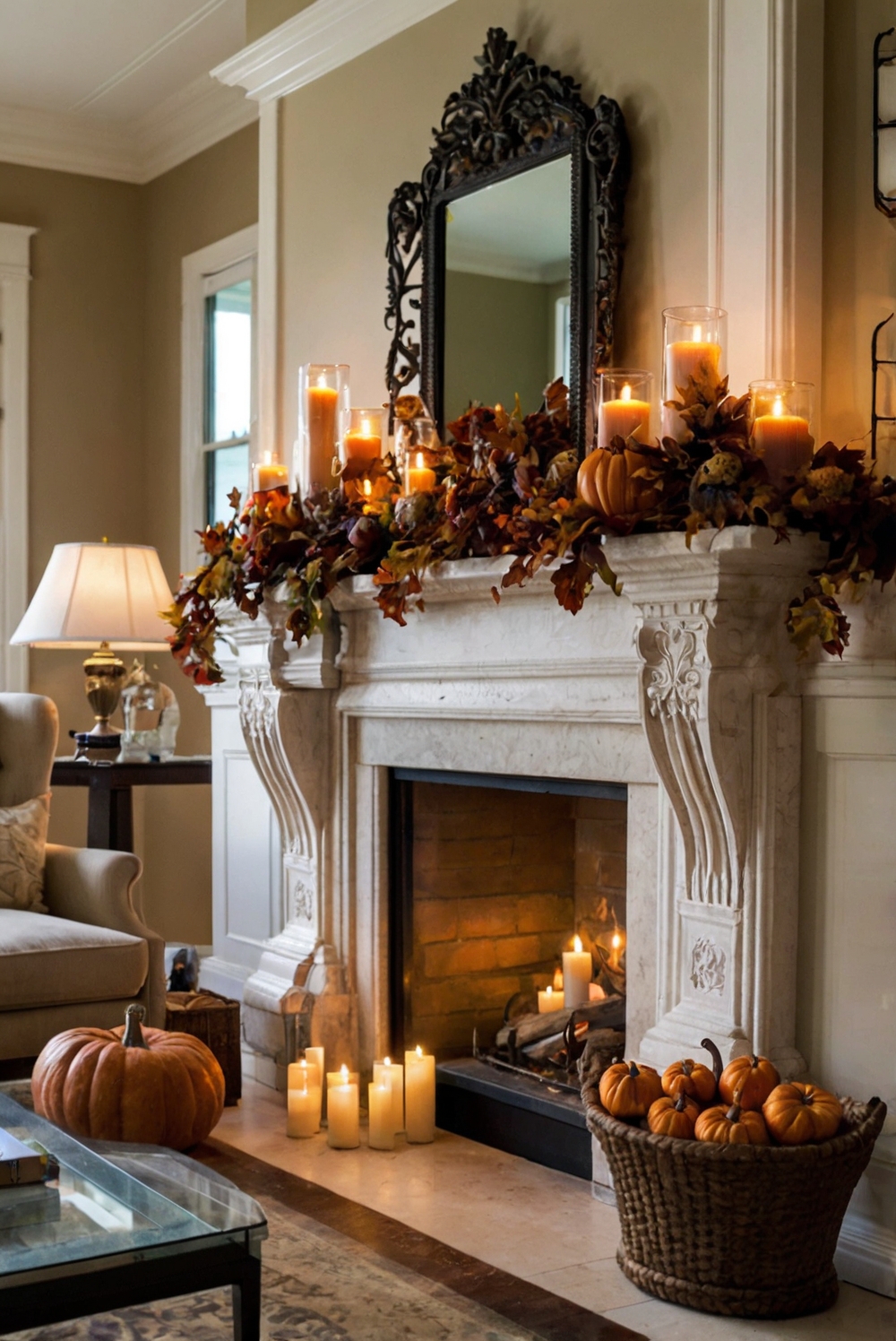 Fall fireplace decor, Fireplace mantel ideas, Rustic fireplace design, Seasonal mantle decorations, Autumn hearth decor