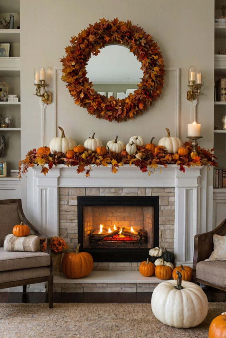 Fall mantle decor, Living room upgrade, Home decoration, Interior design, Room makeover