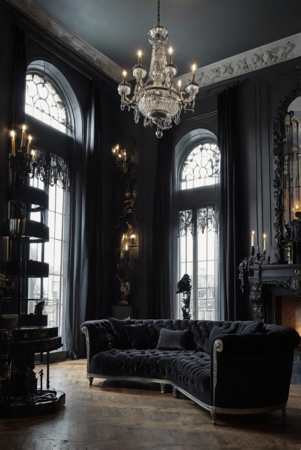 goth living room decor, dark gothic home design, black furniture ideas, gothic interior inspiration, moody room decor