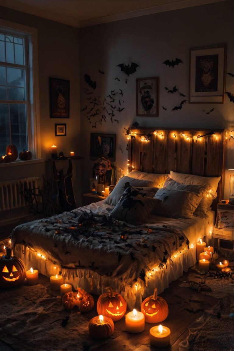 halloween bedroom decor, spooky bedroom ideas, haunted bedroom theme, ghostly bedroom design, eerie bedroom decorations