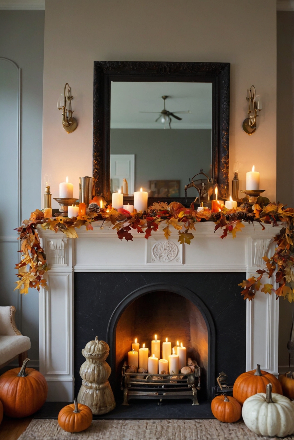 Fall mantel decor, Autumn fireplace decorations, Cozy home accessories, Seasonal mantle displays, Fall-themed interior design