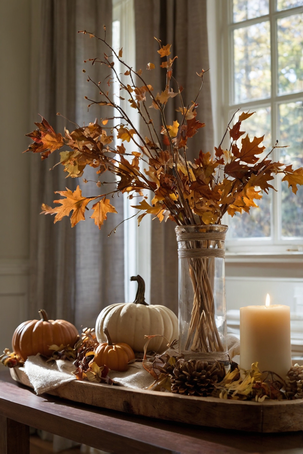 Autumn home decor, Rustic living room decor, Cozy fall decorations, Elegant autumn accents, Seasonal interior design