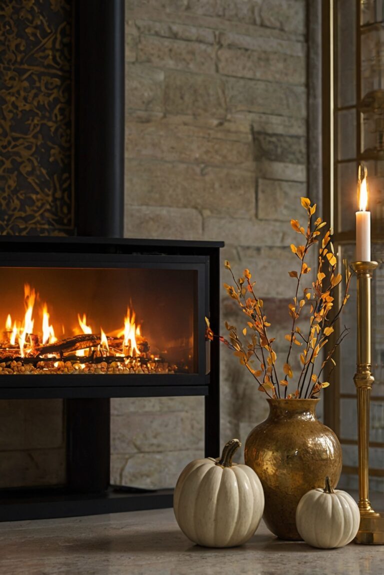 home decor ideas, interior design inspiration, cozy living room, fireplace design, autumn decorating