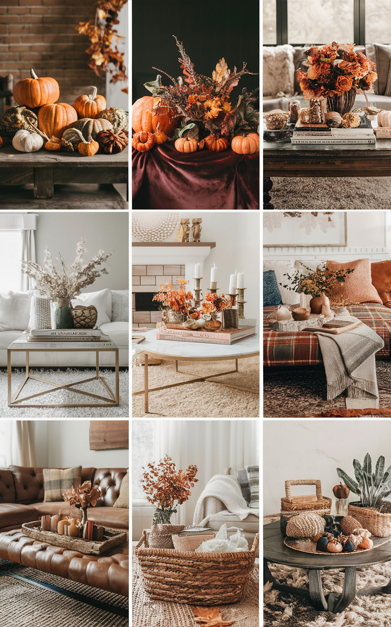 cozy living room decor, elegant home furnishings, autumn-inspired table settings, unique coffee table designs, stylish furniture accessories