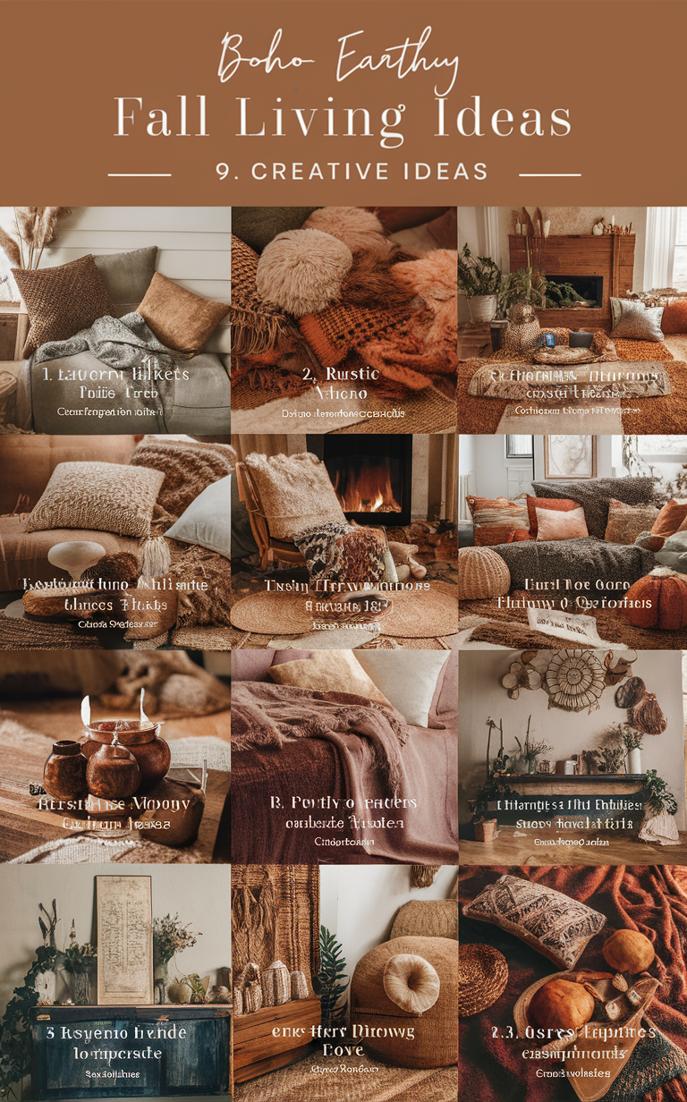 Stylish Bohemian Home Decor, Cozy Fall Living Ideas, Earth Tone Interior Design, Modern Boho Decor, Rustic Chic Autumn Décor