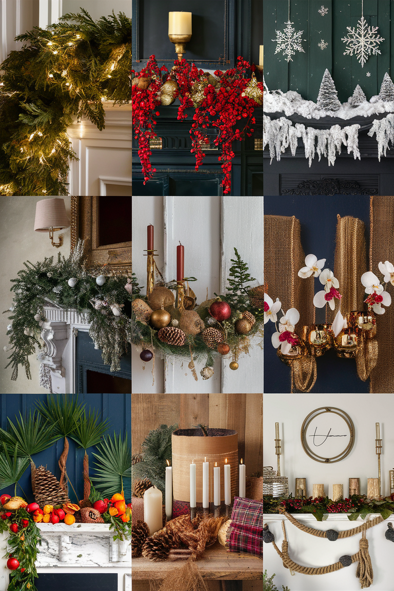 mantel garland ideas, holiday garland decoration, festive mantel decor, elegant Christmas garland, seasonal fireplace garland